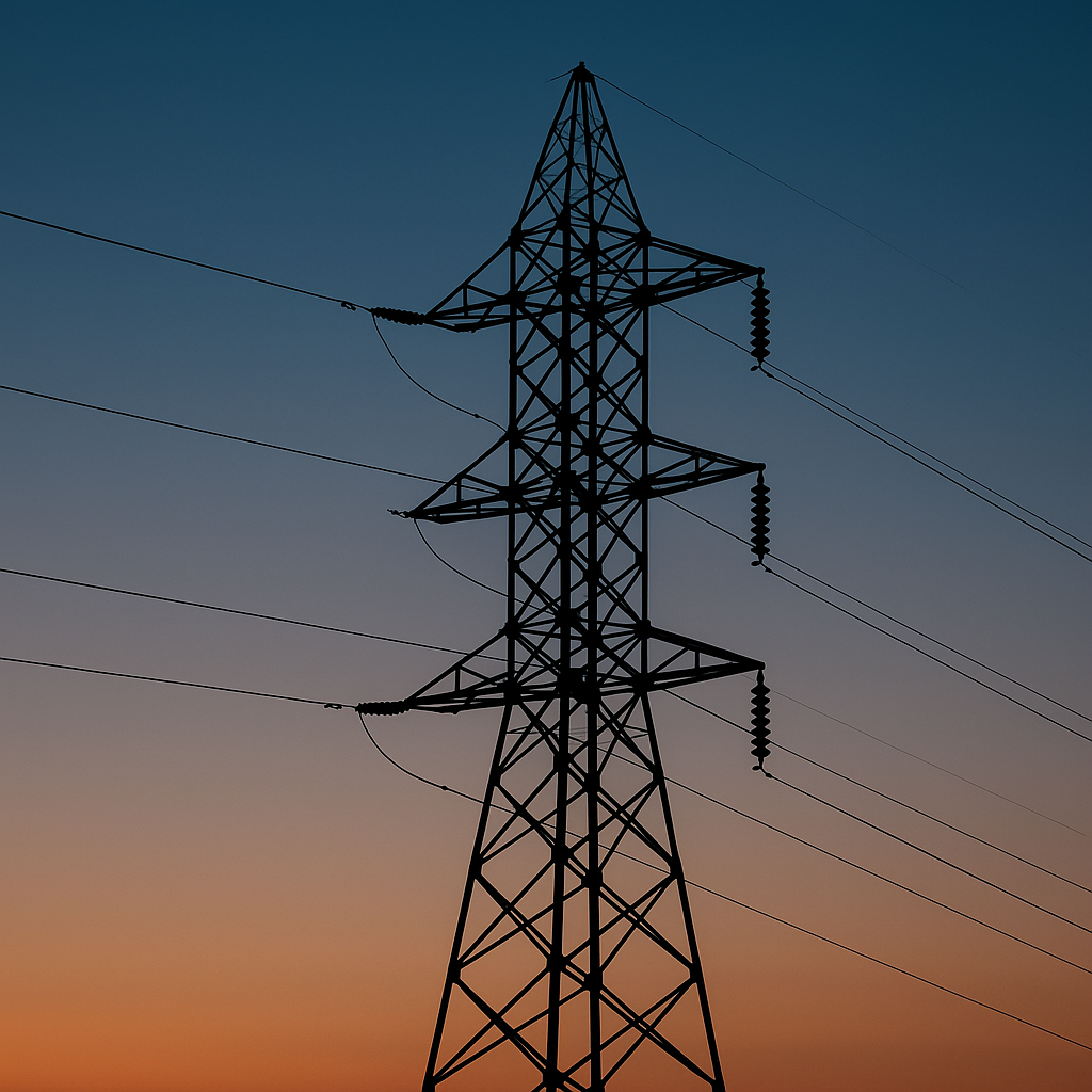 Pylône électrique haute tension au coucher du soleil